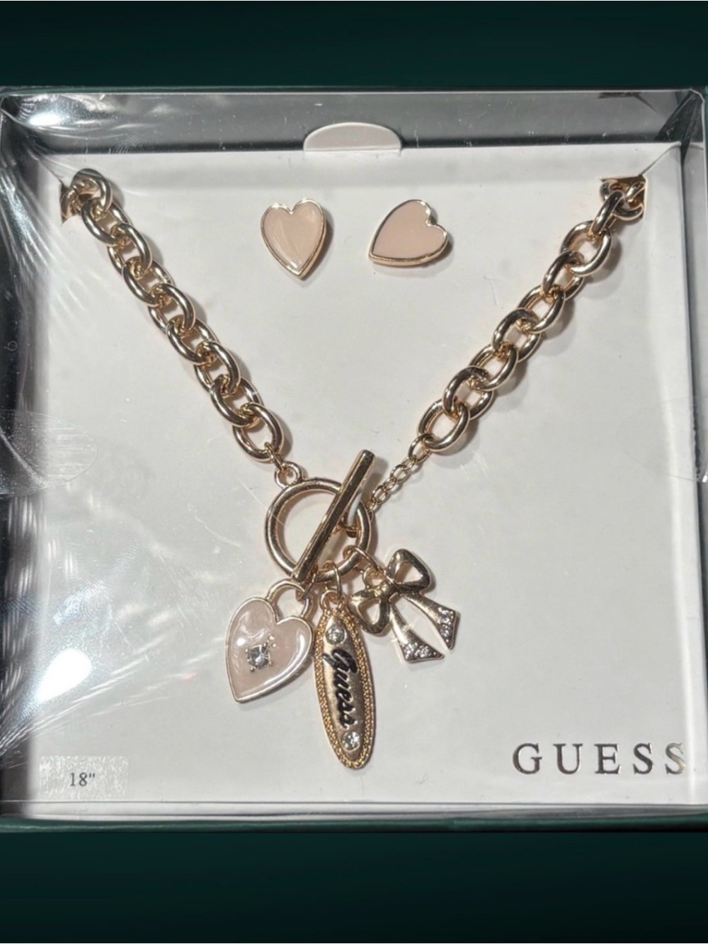 Guess Gold-Tone Necklace with Pink Heart, Bow & Logo Charms